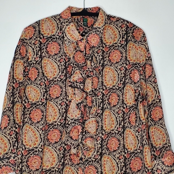 Lauren Ralph Lauren Paisley Print Ruffle Blouse Size 1X Button Front Shirt Femme - Picture 3 of 13